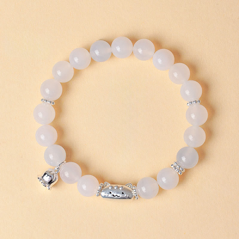999 Sterling Silver Cat Head Bracelet with Natural White Agate or Cat's Eye