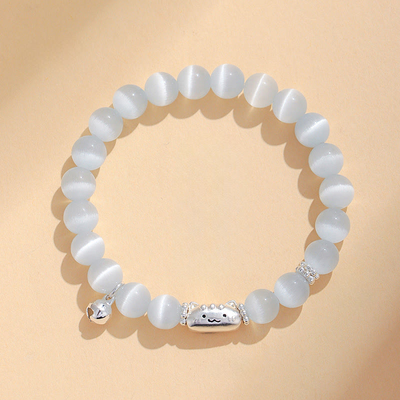 999 Sterling Silver Cat Head Bracelet with Natural White Agate or Cat's Eye
