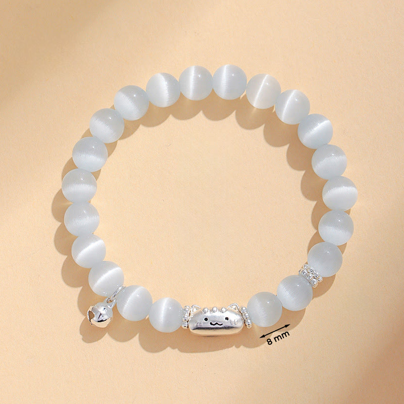 999 Sterling Silver Cat Head Bracelet with Natural White Agate or Cat's Eye