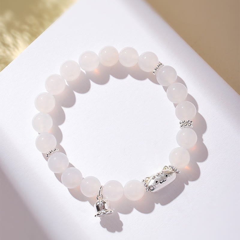 999 Sterling Silver Cat Head Bracelet with Natural White Agate or Cat's Eye