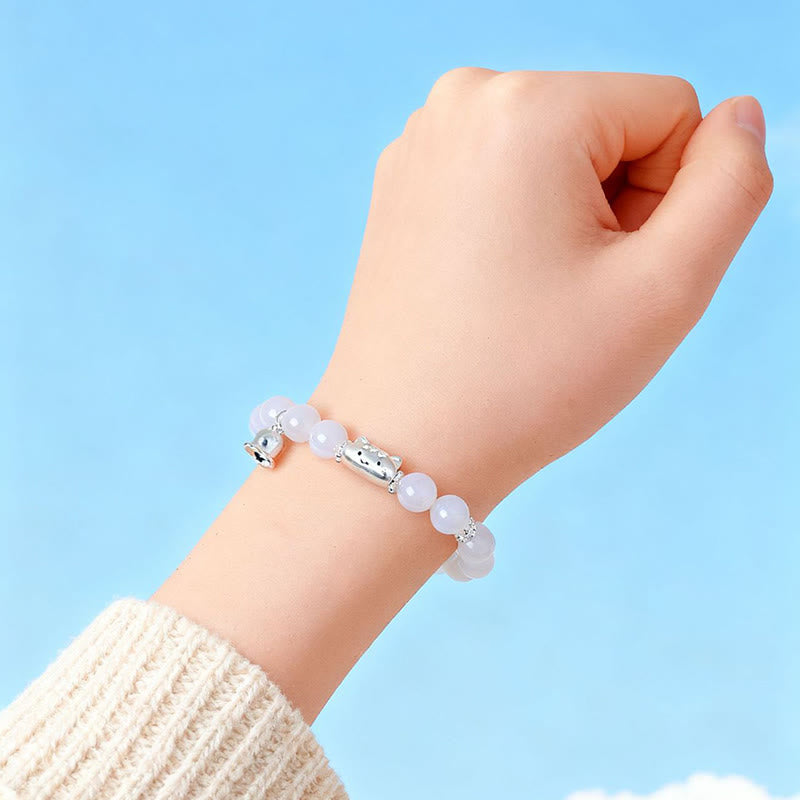 999 Sterling Silver Cat Head Bracelet with Natural White Agate or Cat's Eye