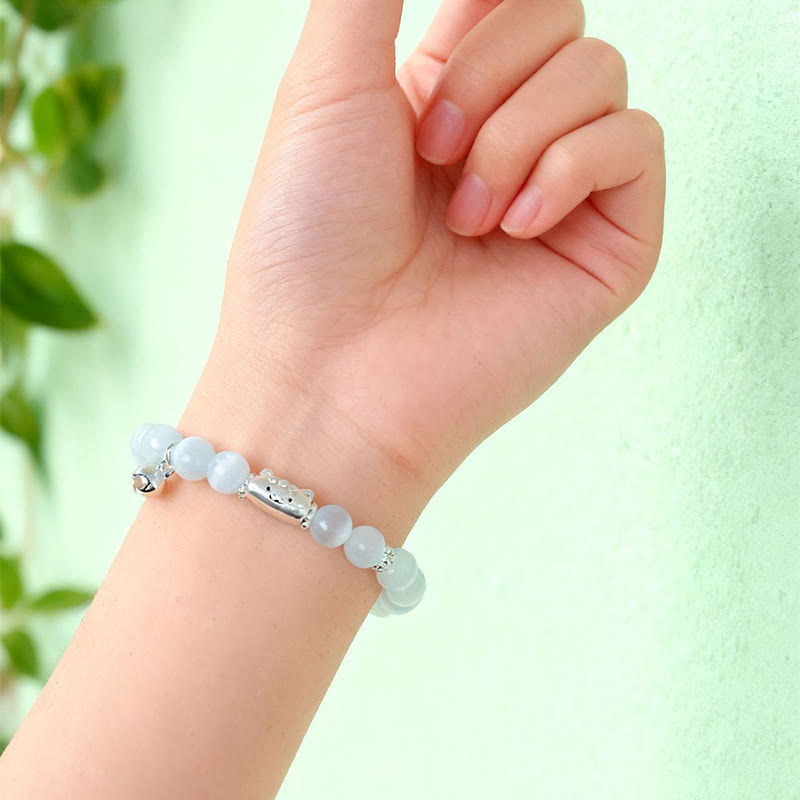 999 Sterling Silver Cat Head Bracelet with Natural White Agate or Cat's Eye