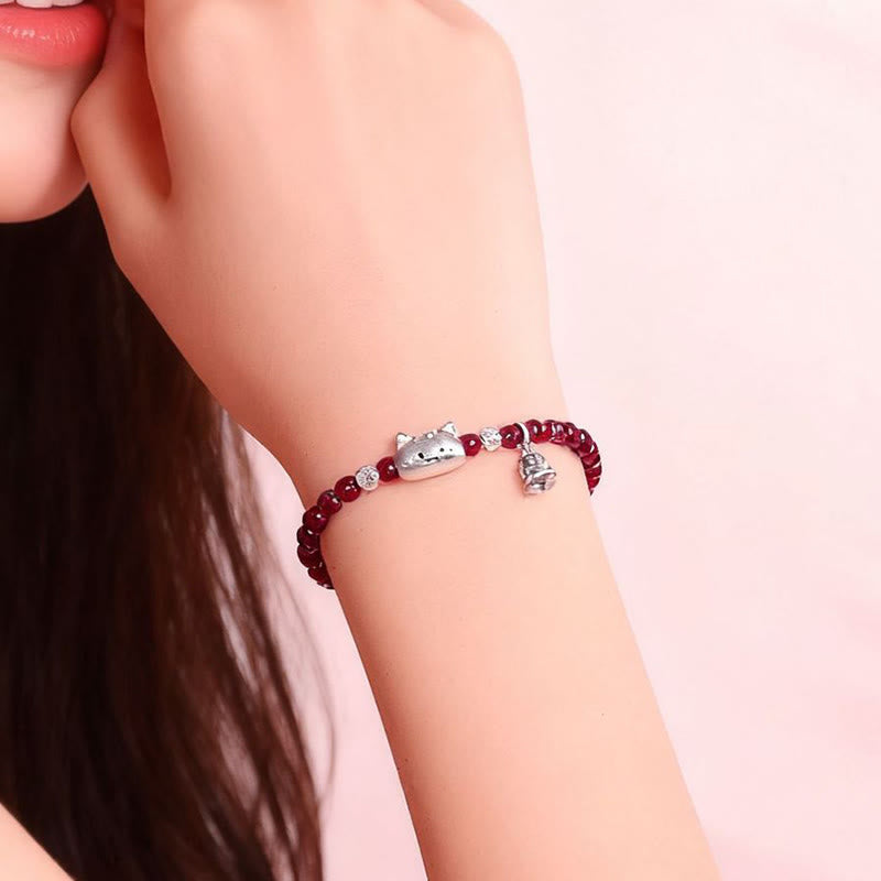 999 Sterling Silver Natural Cute Cat Head Garnet Protection Bead Bracelet