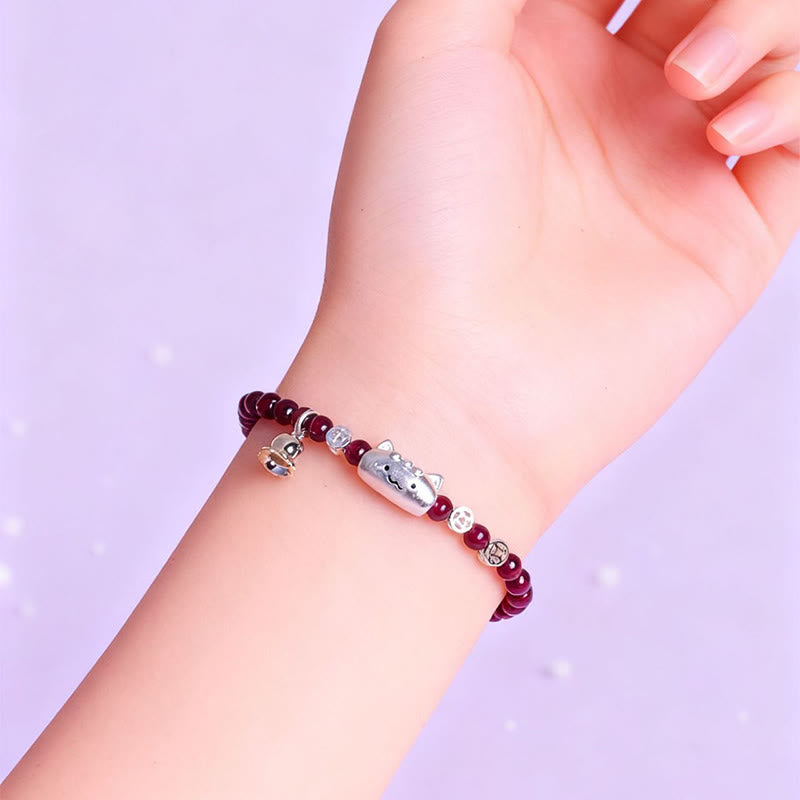 999 Sterling Silver Natural Cute Cat Head Garnet Protection Bead Bracelet