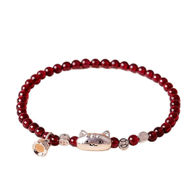 999 Sterling Silver Natural Cute Cat Head Garnet Protection Bead Bracelet