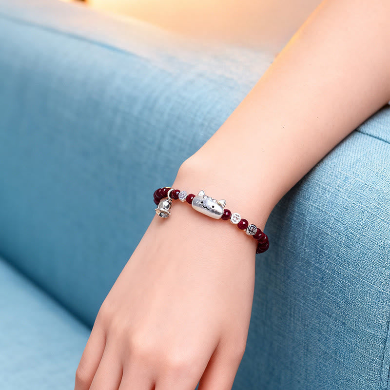 999 Sterling Silver Natural Cute Cat Head Garnet Protection Bead Bracelet