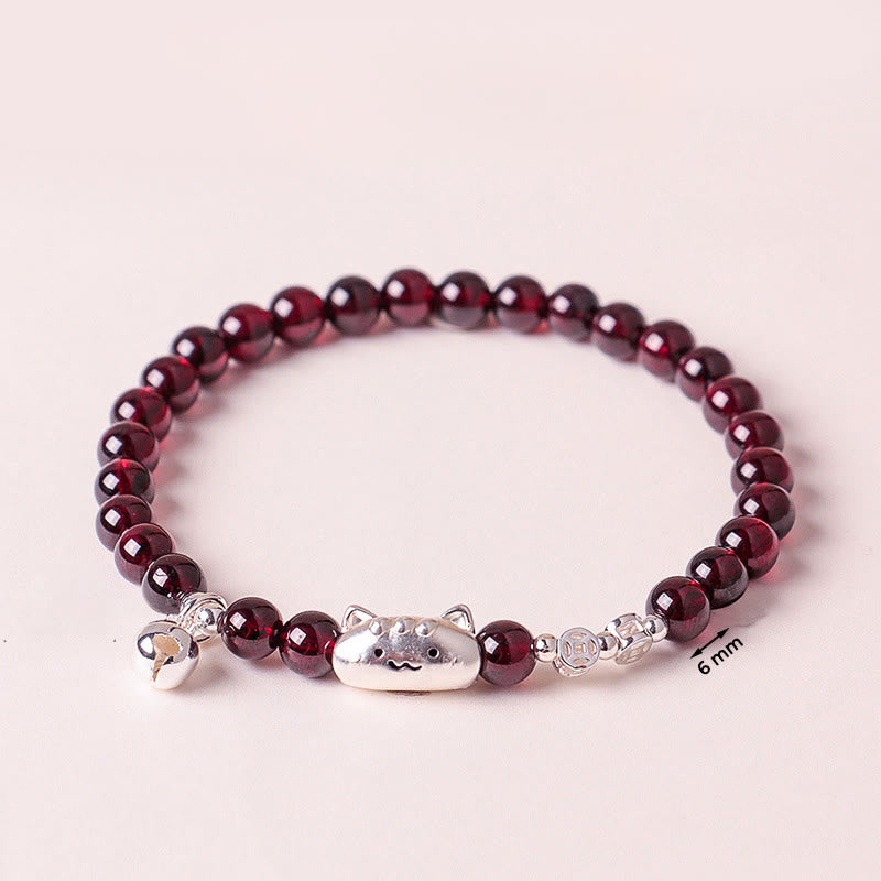 999 Sterling Silver Natural Cute Cat Head Garnet Protection Bead Bracelet