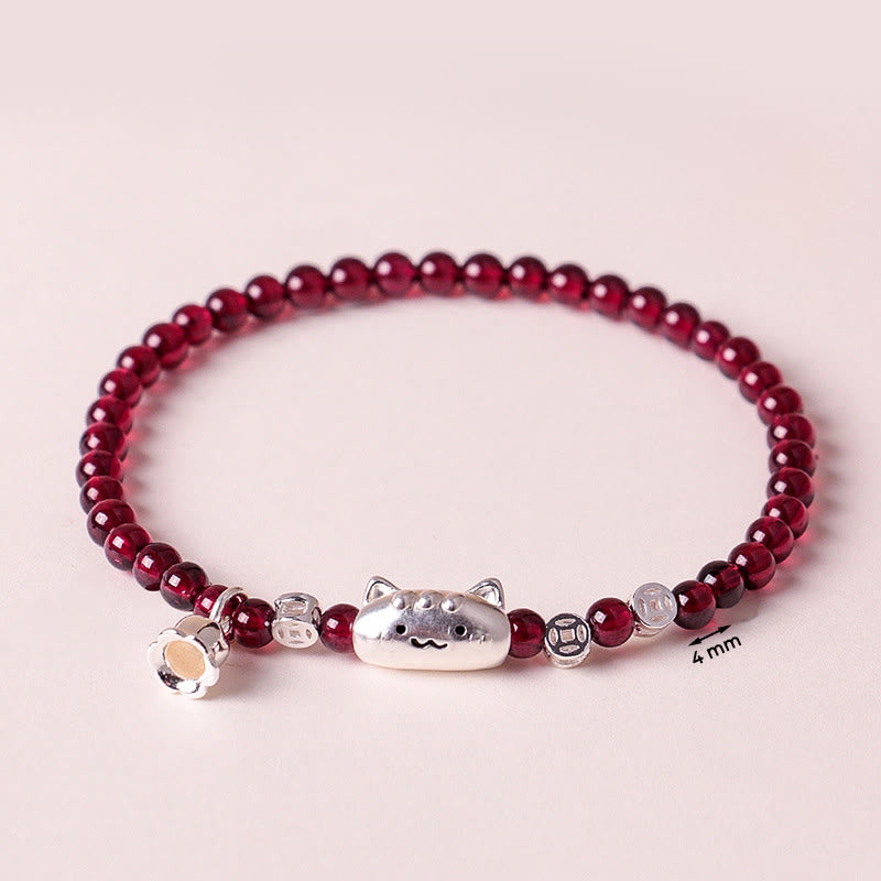 999 Sterling Silver Natural Cute Cat Head Garnet Protection Bead Bracelet