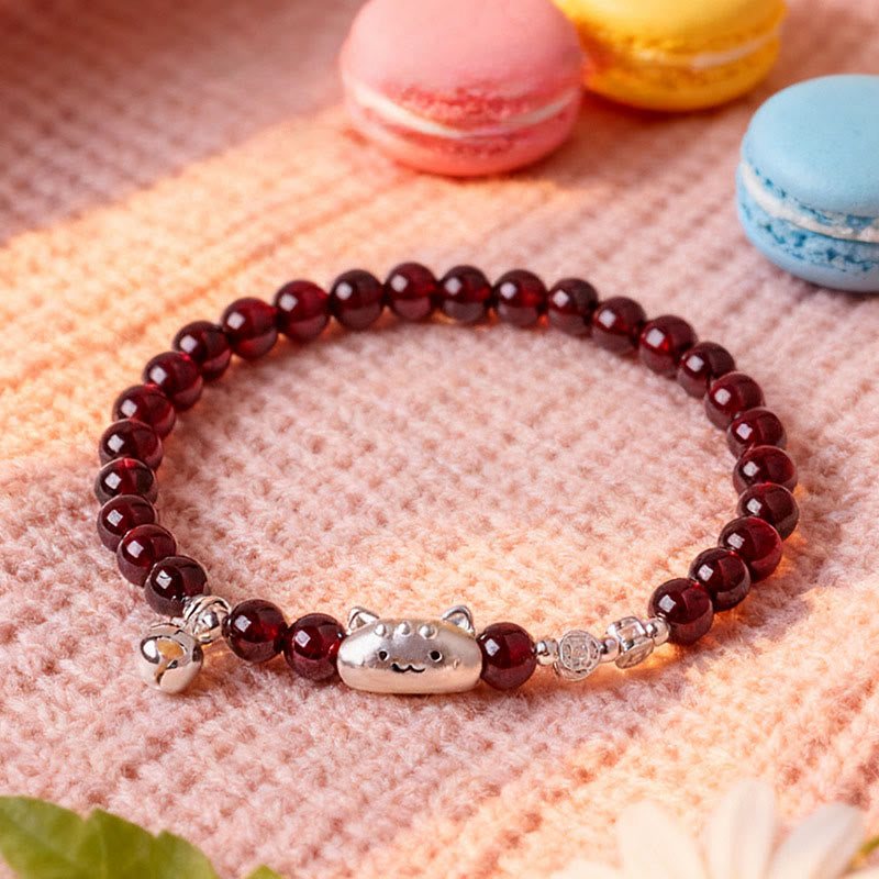 999 Sterling Silver Natural Cute Cat Head Garnet Protection Bead Bracelet