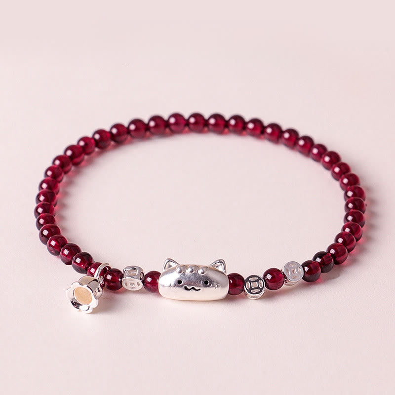 999 Sterling Silver Natural Cute Cat Head Garnet Protection Bead Bracelet