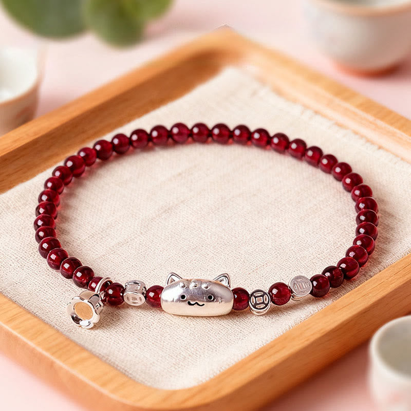 999 Sterling Silver Natural Cute Cat Head Garnet Protection Bead Bracelet