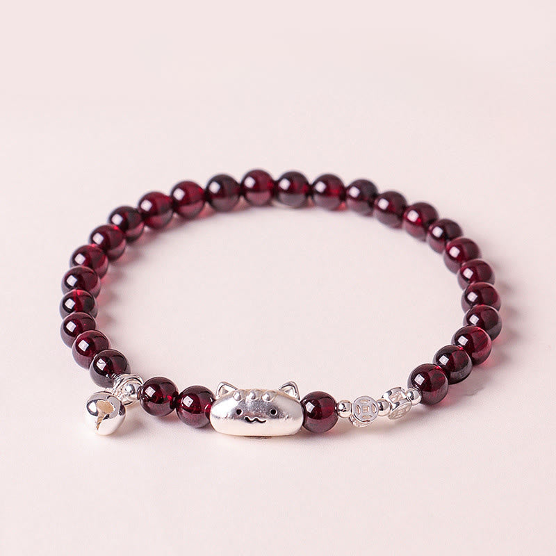 999 Sterling Silver Natural Cute Cat Head Garnet Protection Bead Bracelet