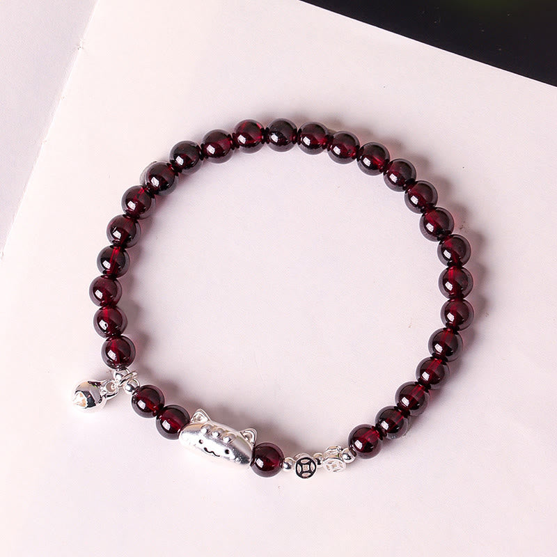 999 Sterling Silver Natural Cute Cat Head Garnet Protection Bead Bracelet