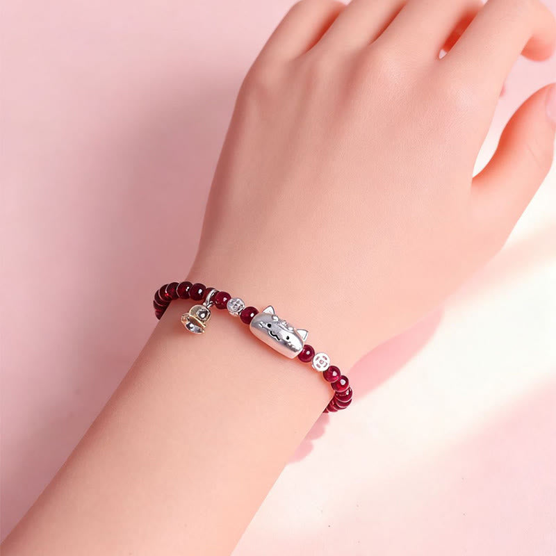 999 Sterling Silver Natural Cute Cat Head Garnet Protection Bead Bracelet