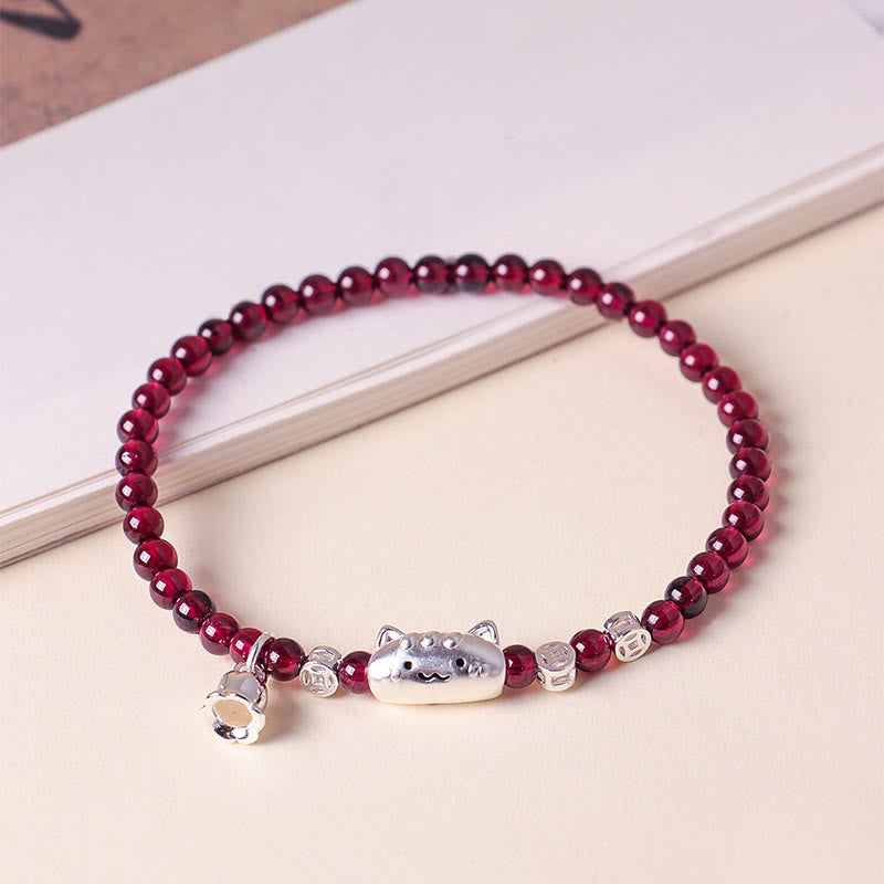 999 Sterling Silver Natural Cute Cat Head Garnet Protection Bead Bracelet