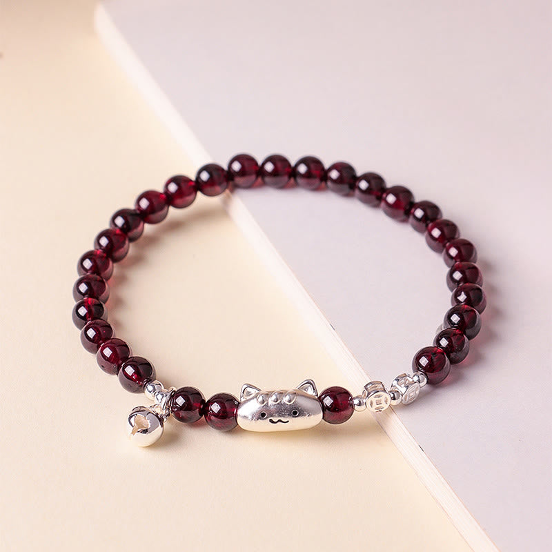 999 Sterling Silver Natural Cute Cat Head Garnet Protection Bead Bracelet
