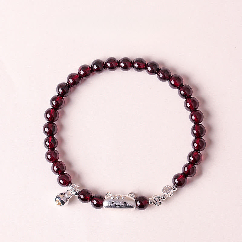 999 Sterling Silver Natural Cute Cat Head Garnet Protection Bead Bracelet