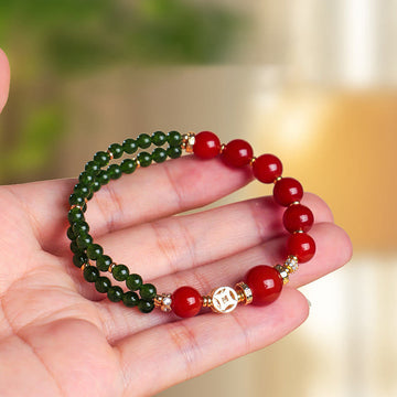 Natural Red Agate and Green Chalcedony Sterling Silver Double Wrap Bracelet