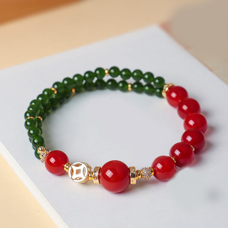 Natural Red Agate and Green Chalcedony Sterling Silver Double Wrap Bracelet