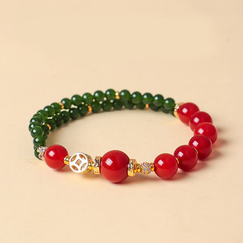 Natural Red Agate and Green Chalcedony Sterling Silver Double Wrap Bracelet