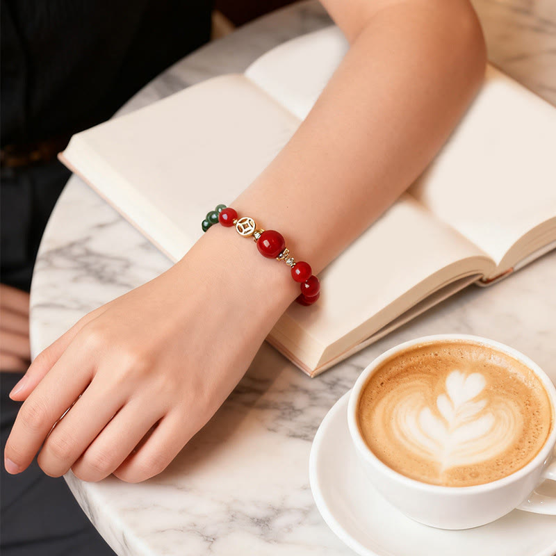 Natural Red Agate and Green Chalcedony Sterling Silver Double Wrap Bracelet