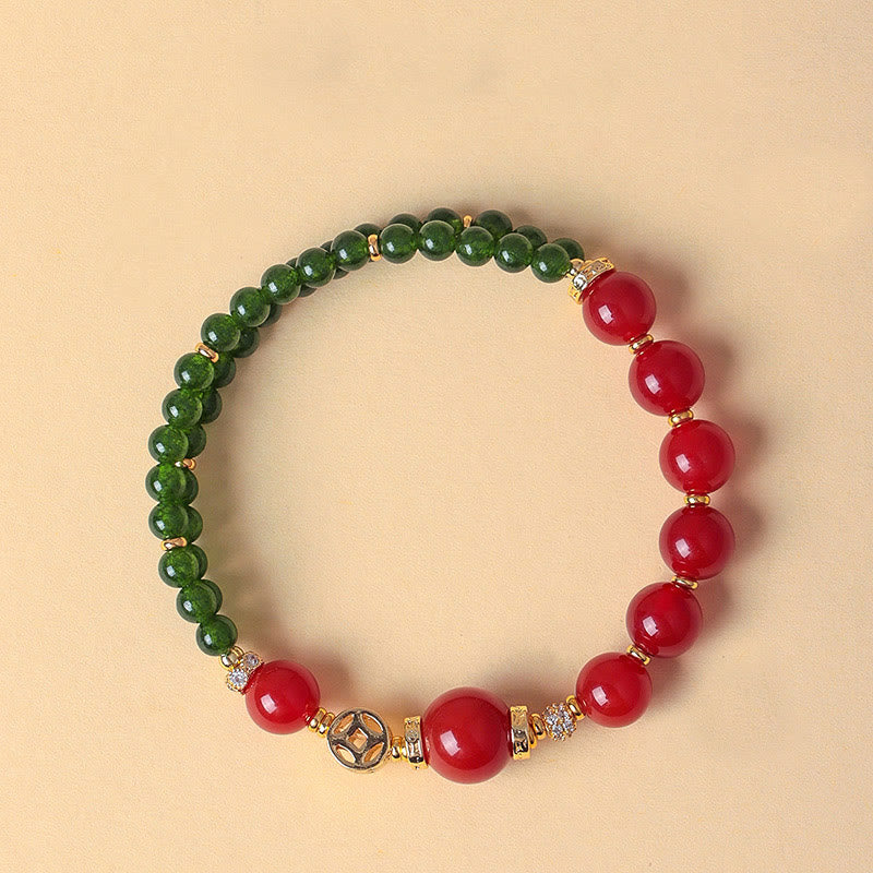 Natural Red Agate and Green Chalcedony Sterling Silver Double Wrap Bracelet