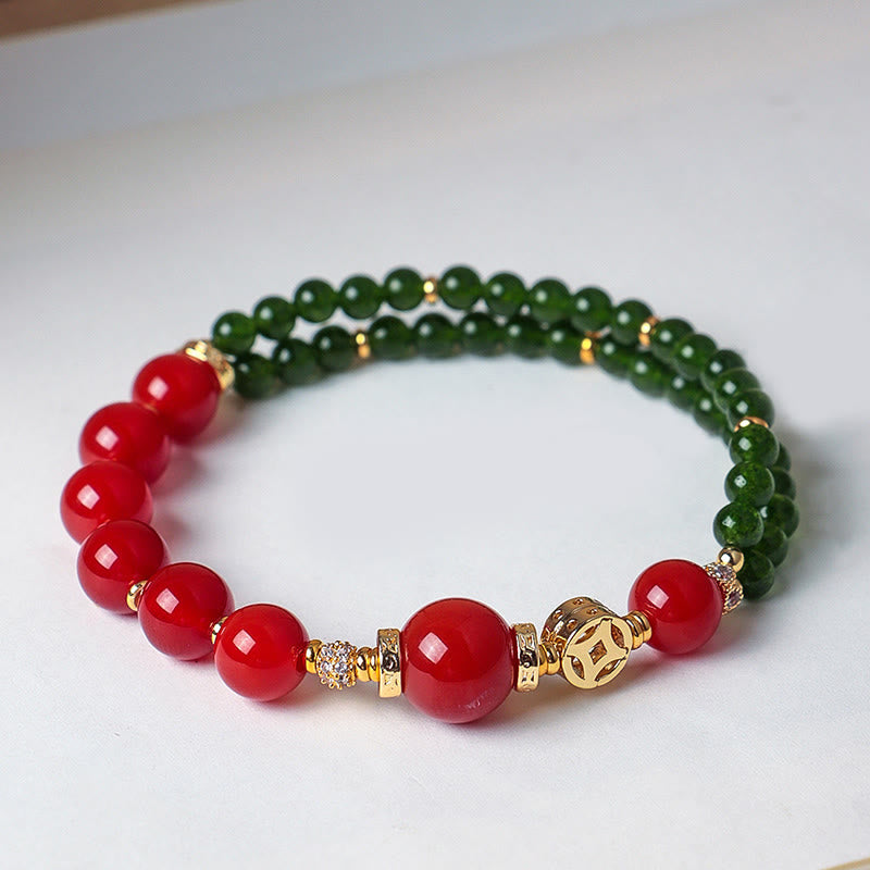 Natural Red Agate and Green Chalcedony Sterling Silver Double Wrap Bracelet