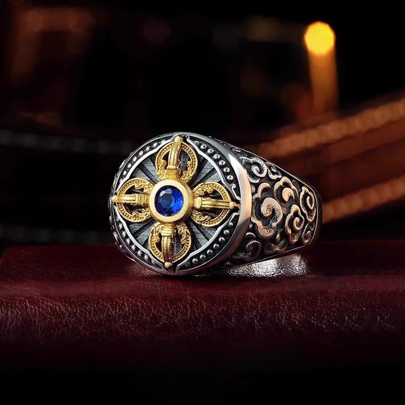 Adjustable Copper Ring with Tibetan Cross Vajra & Auspicious Clouds Pattern