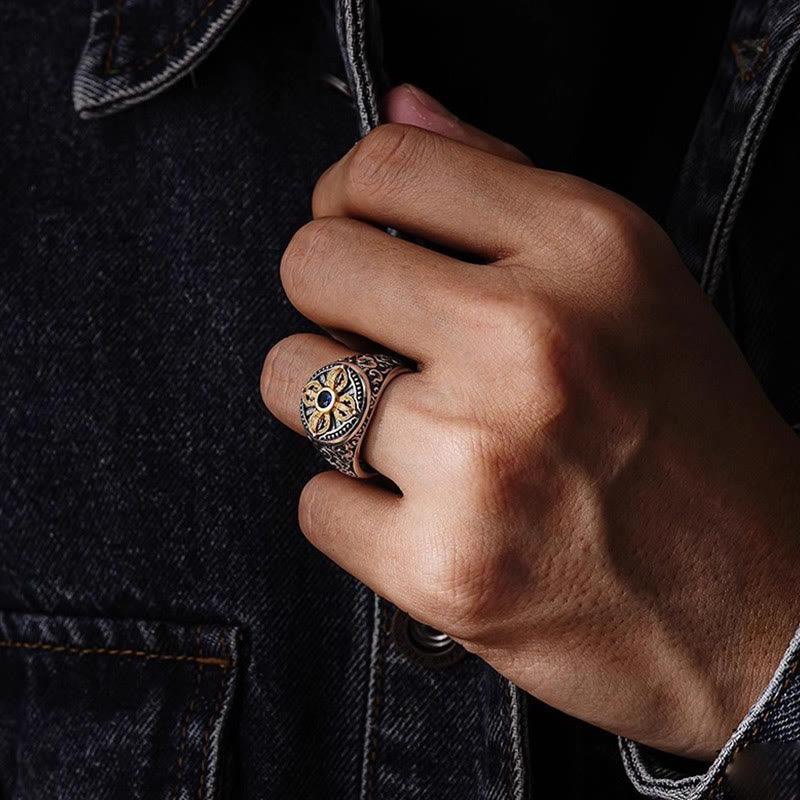 Adjustable Copper Ring with Tibetan Cross Vajra & Auspicious Clouds Pattern