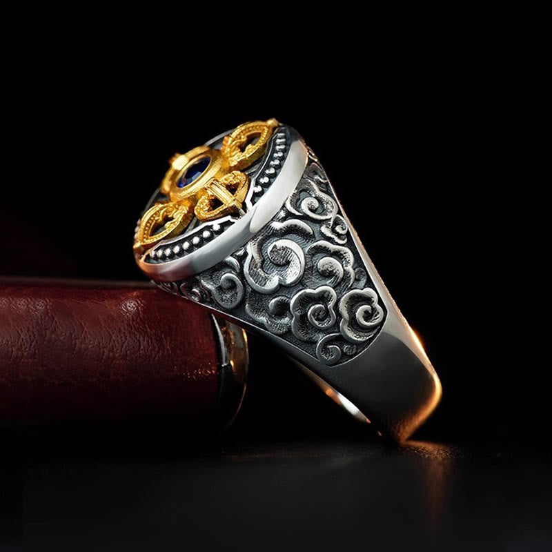 Adjustable Copper Ring with Tibetan Cross Vajra & Auspicious Clouds Pattern