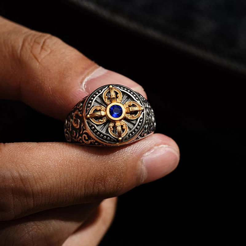 Adjustable Copper Ring with Tibetan Cross Vajra & Auspicious Clouds Pattern