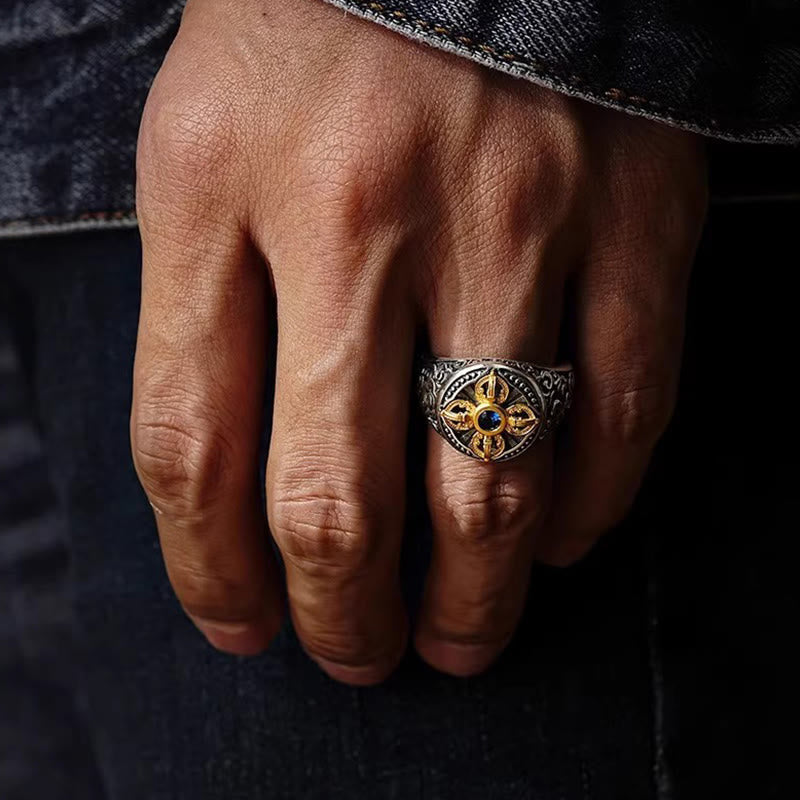 Adjustable Copper Ring with Tibetan Cross Vajra & Auspicious Clouds Pattern