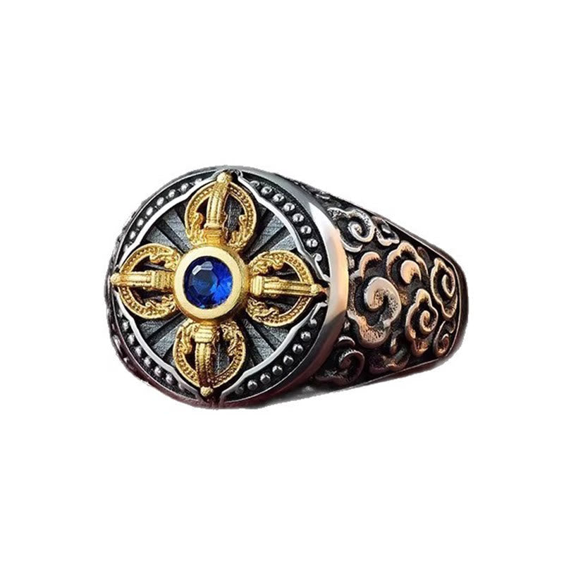 Adjustable Copper Ring with Tibetan Cross Vajra & Auspicious Clouds Pattern