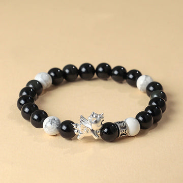 999 Fine Silver Horse Bracelet with White Turquoise, Rose Quartz & Om Mani Padme Hum