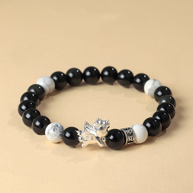 999 Fine Silver Horse Bracelet with White Turquoise, Rose Quartz & Om Mani Padme Hum