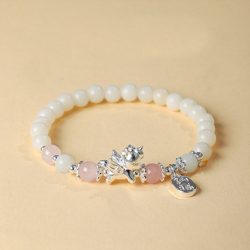 999 Fine Silver Horse Bracelet with White Turquoise, Rose Quartz & Om Mani Padme Hum