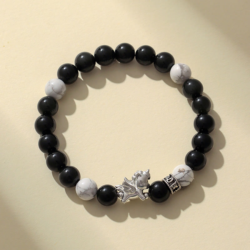 999 Fine Silver Horse Bracelet with White Turquoise, Rose Quartz & Om Mani Padme Hum