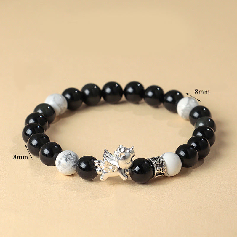 999 Fine Silver Horse Bracelet with White Turquoise, Rose Quartz & Om Mani Padme Hum