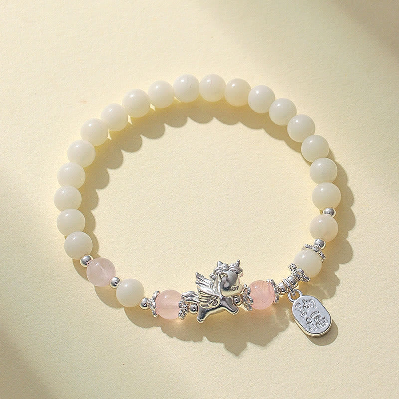 999 Fine Silver Horse Bracelet with White Turquoise, Rose Quartz & Om Mani Padme Hum