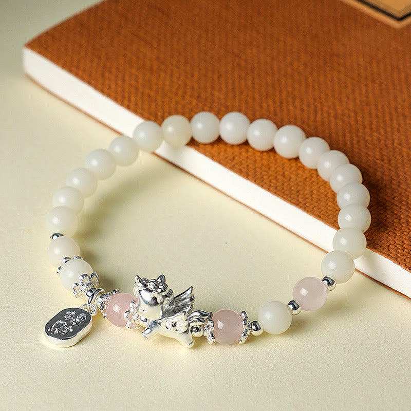 999 Fine Silver Horse Bracelet with White Turquoise, Rose Quartz & Om Mani Padme Hum