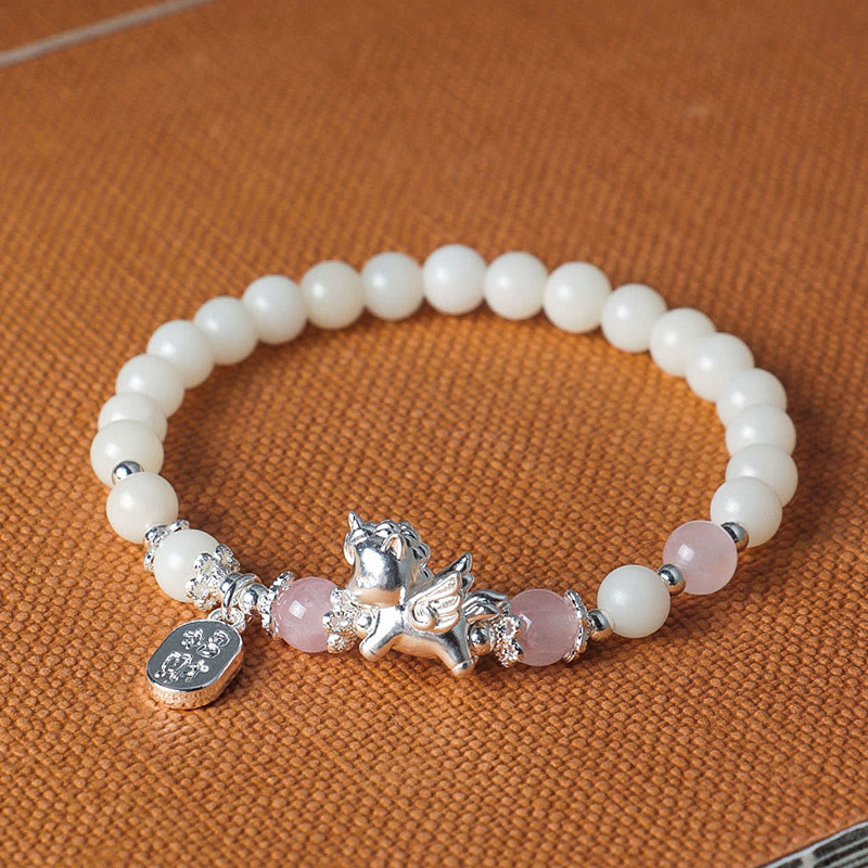 999 Fine Silver Horse Bracelet with White Turquoise, Rose Quartz & Om Mani Padme Hum
