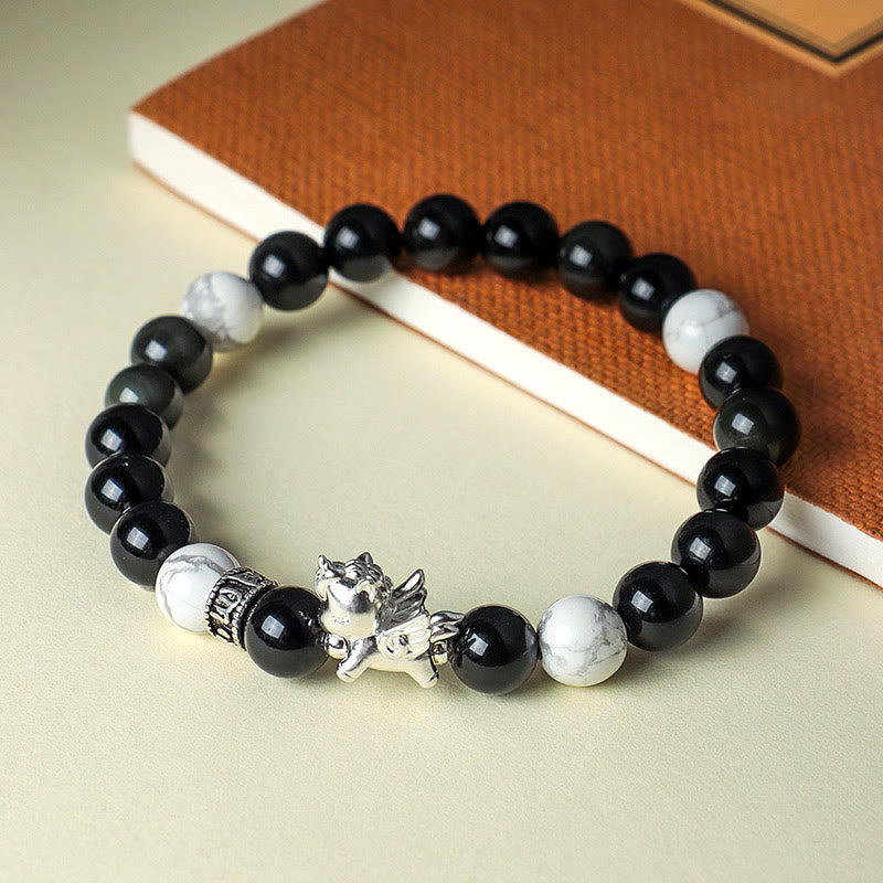 999 Fine Silver Horse Bracelet with White Turquoise, Rose Quartz & Om Mani Padme Hum