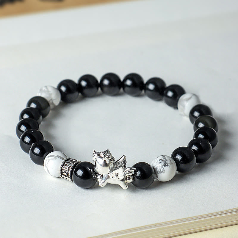 999 Fine Silver Horse Bracelet with White Turquoise, Rose Quartz & Om Mani Padme Hum