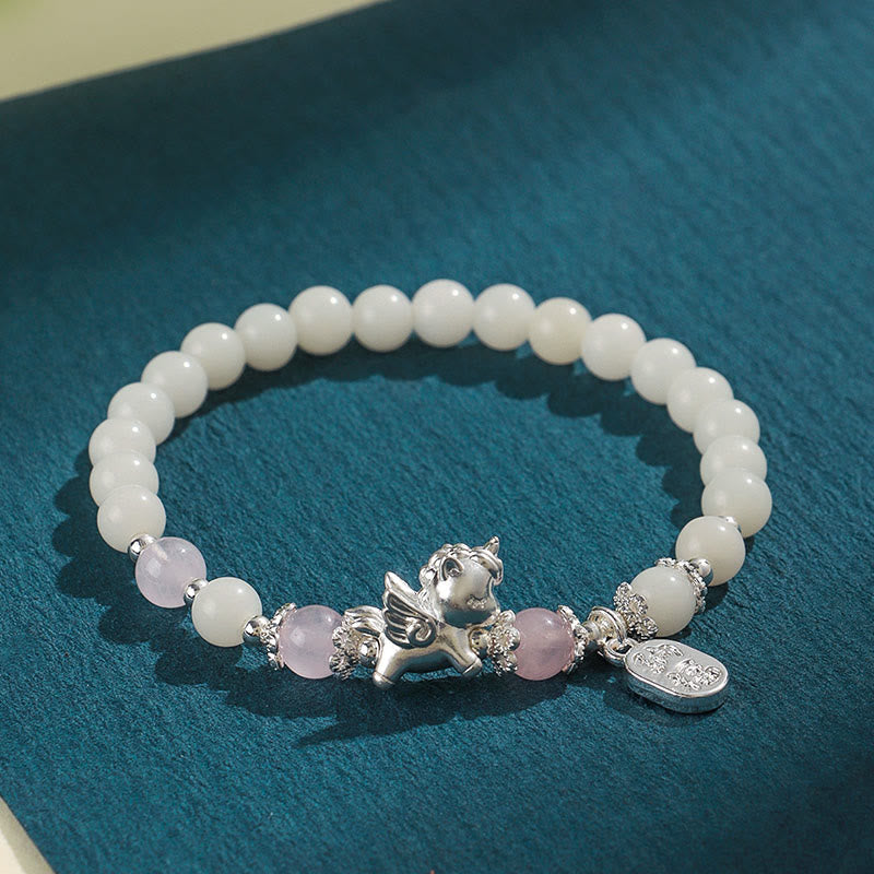 999 Fine Silver Horse Bracelet with White Turquoise, Rose Quartz & Om Mani Padme Hum