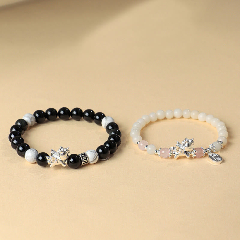 999 Fine Silver Horse Bracelet with White Turquoise, Rose Quartz & Om Mani Padme Hum