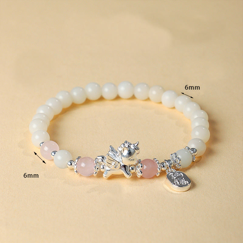 999 Fine Silver Horse Bracelet with White Turquoise, Rose Quartz & Om Mani Padme Hum
