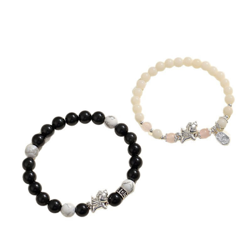 999 Fine Silver Horse Bracelet with White Turquoise, Rose Quartz & Om Mani Padme Hum
