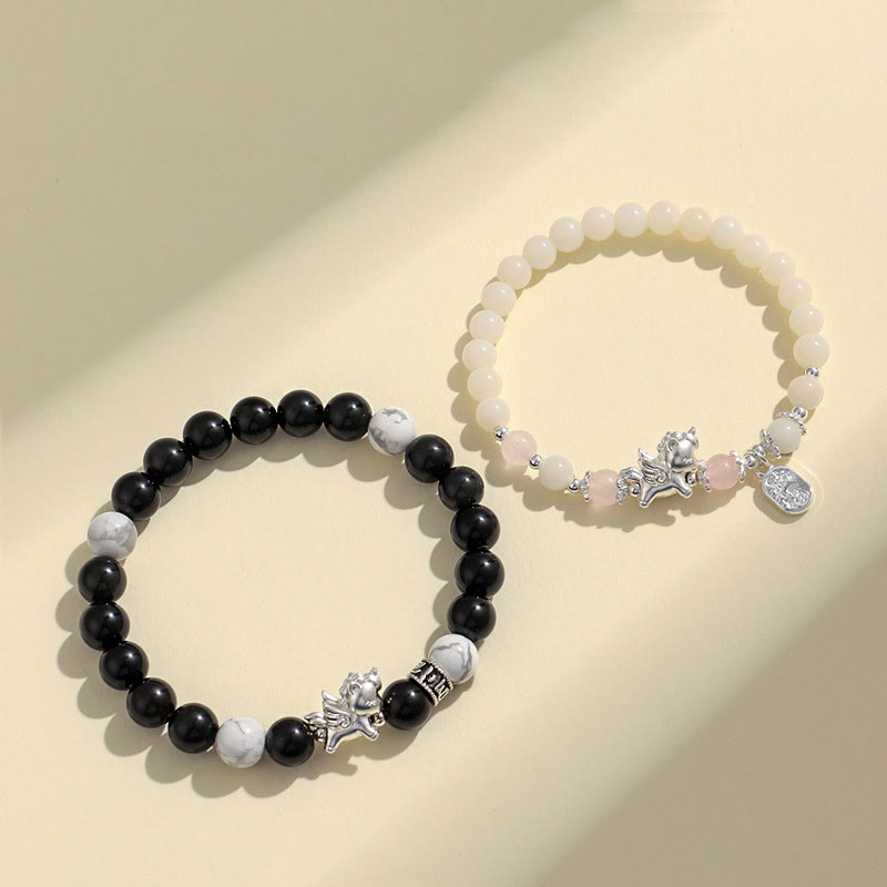 999 Fine Silver Horse Bracelet with White Turquoise, Rose Quartz & Om Mani Padme Hum