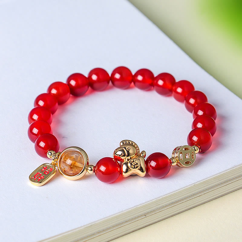 Year Of The Horse Natural 8mm Black Obsidian Red Agate Pink Crystal Strength Bracelet