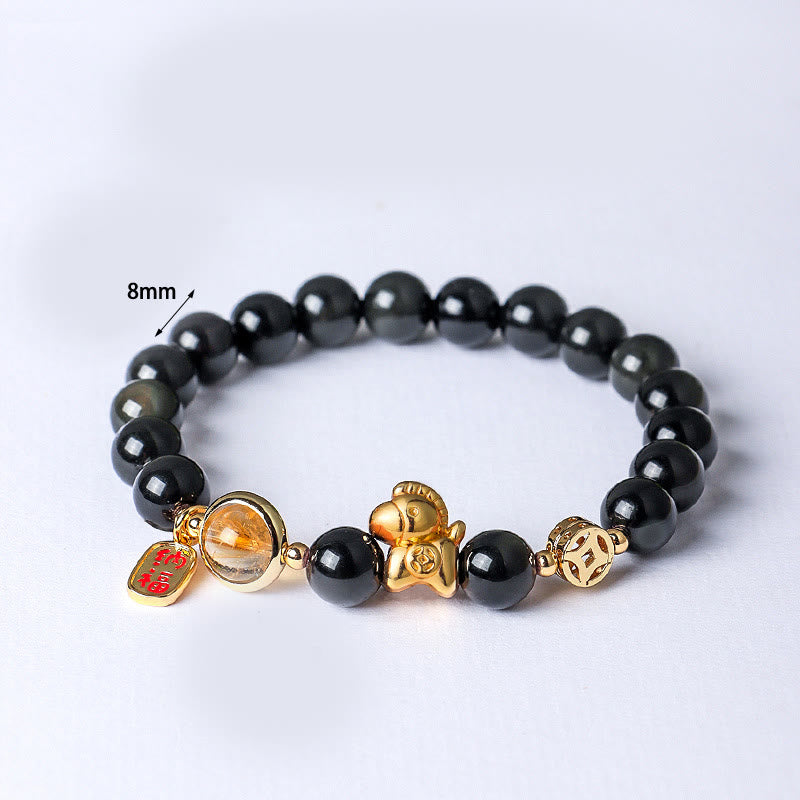 Year Of The Horse Natural 8mm Black Obsidian Red Agate Pink Crystal Strength Bracelet